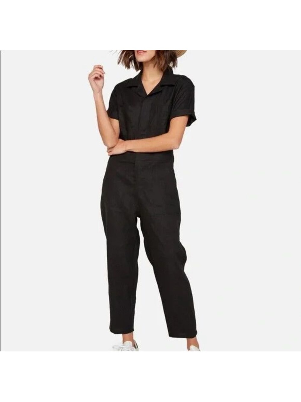 Mate the Label Linen Black Short-Sleeve Utility Jumpsuit